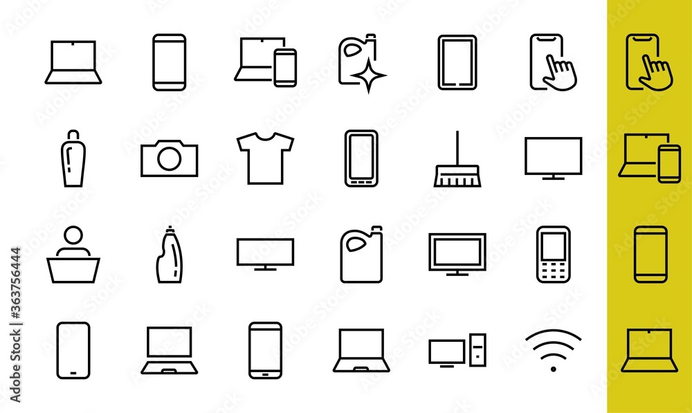 SMART devices and gadgets linear icons set, vector, contains icons computer, camera, laptop, phone, web devices, electronic appliances, and much more. Editable stroke