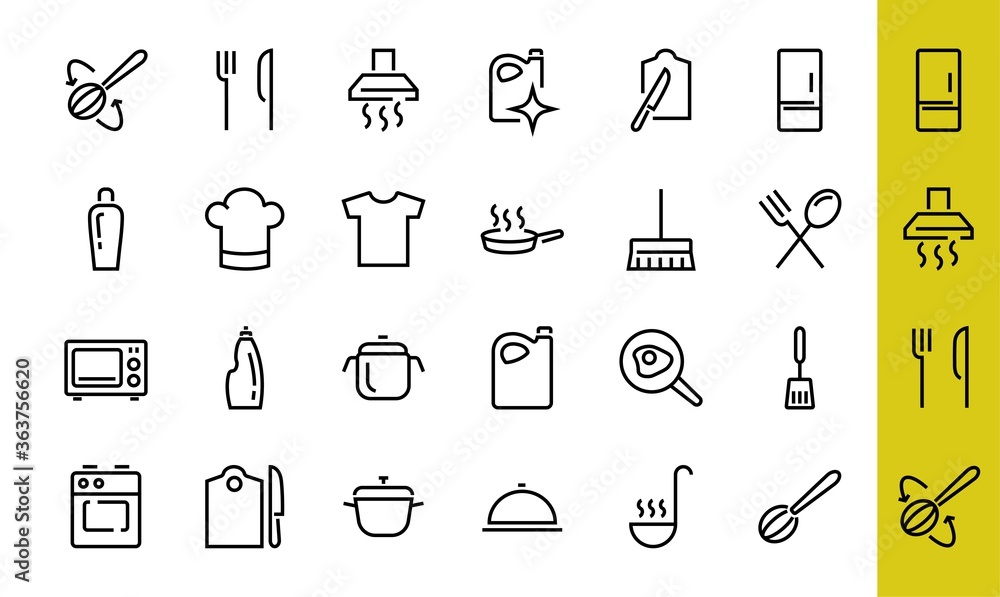 Naklejka premium Set of cooking and kitchen icons, Vector lines, contains icons such as frying pan, frying, microwave, fork with spoon, Editable stroke, perfect 480x480 pixels, white background.