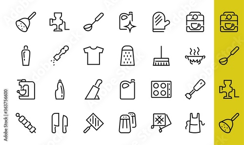 KITCHEN ICON Cooking process, Kitchen tools, Icon set, thin line vector has a blender, oven, knife, grater, barbecue, apron, barbecue, grill, coffee machine, kitchen glove, Editable stroke