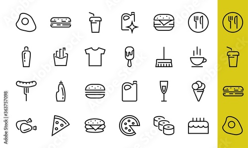 A simple set of fast food icons related to the vector line. Contains icons such as pizza, burger, sushi, bike, scrambled eggs and more. EDITABLE stroke. 480x480 pixels perfect, EPS 10