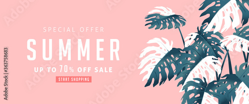 Summer sale design with monstera leaves decorating bright Color background layout banners template.