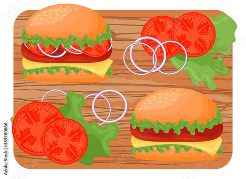 Hamburgers on a wooden cutting board. Ingredients for making a hot dog. Lettuce, tomatoes, onions, rolls, ketchup. Fast food. Set of cartoon vector illustrations isolated on white background.