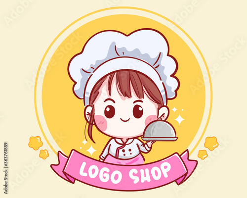 Cute Chef girl smiling cartoon art illustration logo. Premium Vector