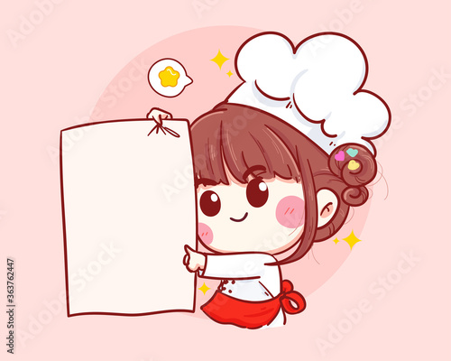 Cute Chef girl smiling cartoon art holding a space label  illustration logo. Premium Vector