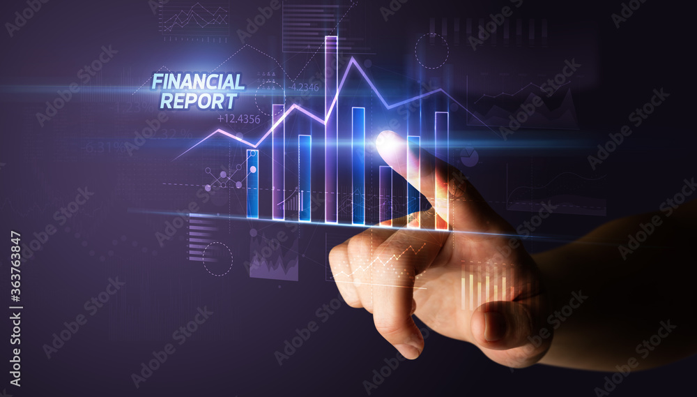 Hand touching FINANCIAL REPORT button, business concept Hand touching FINANCIAL REPORT button, business concept