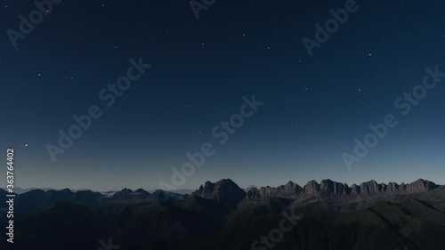 Night Stars Sky on Lagorai, a Mountain Chain in Trentino. Some small Clouds moving on the left side of the frame. Clean and blue sky with stars. photo