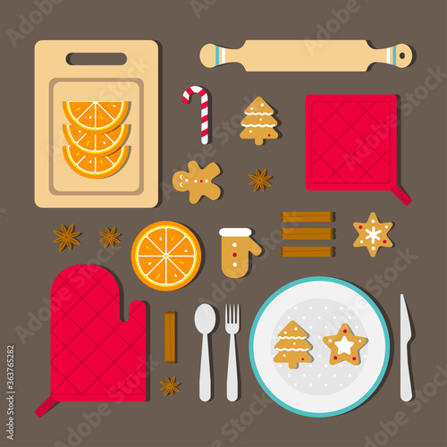 Vector illustration concept with knolling food to cook Christmas dinner. Tasty ingridients as cinnamon, oranges, gingerbread cookies and kitchen tools on table. Red and orange colors. Flat design