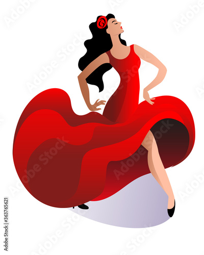 A slender woman in a red dress dances a passionate flamenco dance. Vector illustration.
