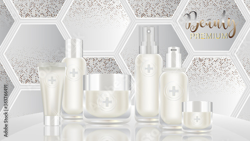 Beauty product ad design, white cosmetic containers with collagen solution advertising background ready to use, luxury skin care banner, illustration vector.