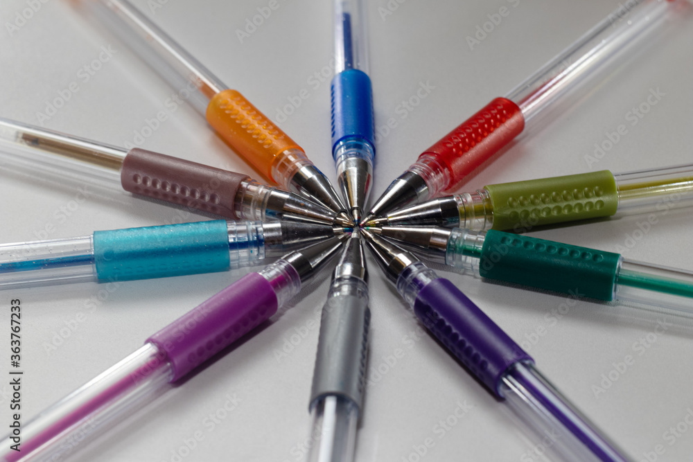colored gel pens. Carousel of colored pens. colored gel pen tips.