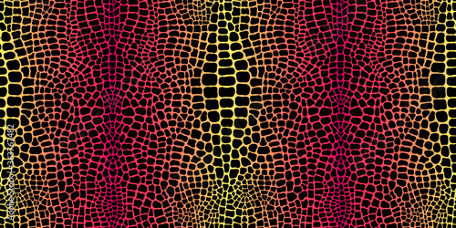 Seamless pattern with crocodile or alligator print. Colorful red and yellow gradient snake skin texture imitation wallpaper. Animalistic leather vector background.	