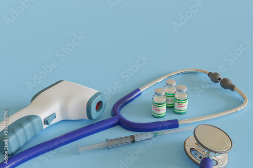 3D illustration of medical equipments and anti COVID-19 vaccine vial on blue ground photo