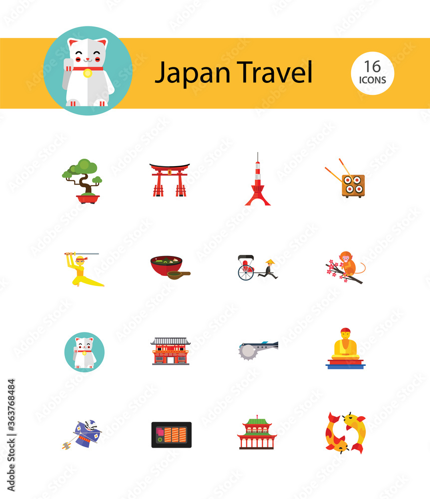 Japan Travel Icon Set. Fuji Mountain Japanese Rickshaw Miso Soup