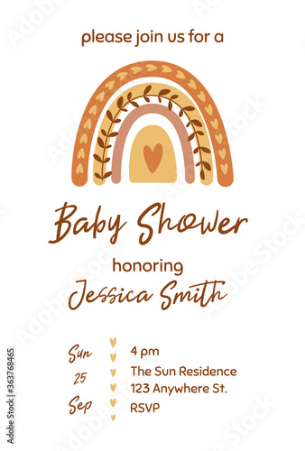 Boho baby shower invitation template with cute pastel rainbow. Gender neutral baby shower invite