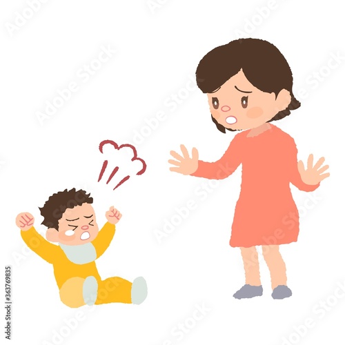 癇癪を起こしている赤ちゃん（発達障害）とお母さんのイラスト