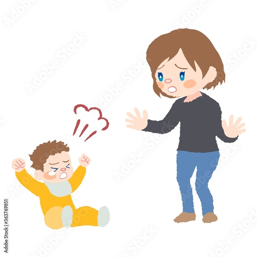 癇癪を起こしている赤ちゃん（発達障害）とお母さんのイラスト