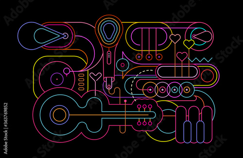 Neon colors isolated on a black background Music Instruments vector illustration. Line art silhouettes of guitar  saxophone  piano keyboard  trumpet  trombone  microphone and gramophone.
