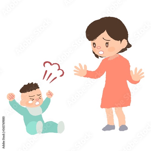 癇癪を起こしている赤ちゃん（発達障害）とお母さんのイラスト