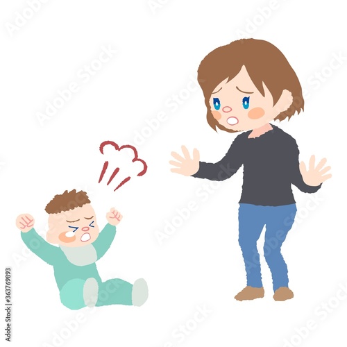 癇癪を起こしている赤ちゃん（発達障害）とお母さんのイラスト