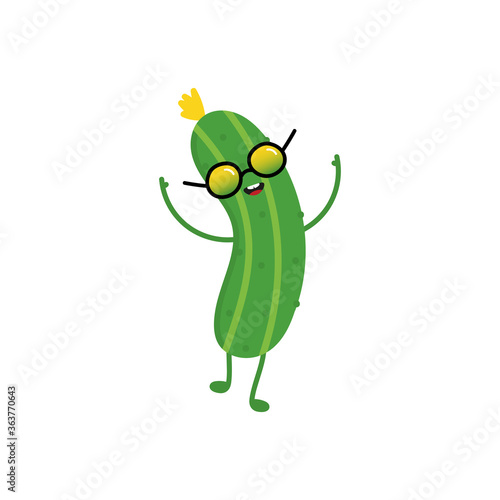 Cute vector cucumber cartoon character in cool sunglasses smiling, dancing, having fun.