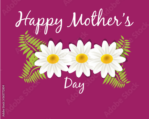 Mother's Day greetings card white Chamomile flowers and fern leafs lettering text background vector image design template © glopphy