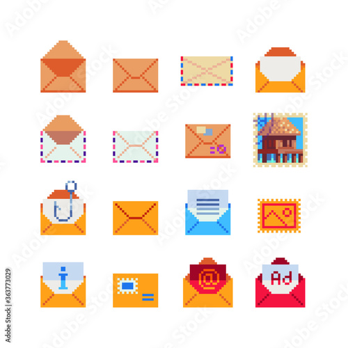 Envelopes, message and mailbox pixel art icon set, isolated vector illustration. Element design for sticker, logo, web, mobile app. 8-bit.