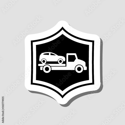Car towing truck sticker icon isolated on gray background