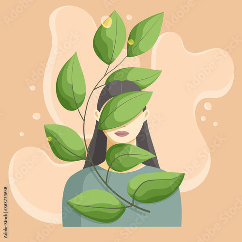 Young woman covers her face with leaves. Vector illustration.