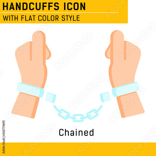 Handcuffs, manacles or shackles icon with flat color style. Chained, handcuffed hands. Vector Illustration. EPS file