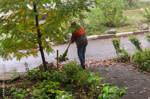 autumn landscape. the janitor removes fallen autumn leaves