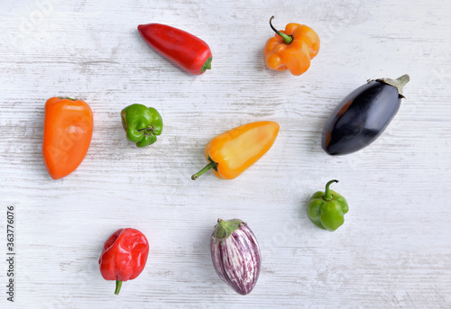top view on small peppers and eggplants on white table