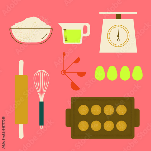 Baking ingredients, kitchen tools and utensils vector illustration icon set with bright and vibrant color, pastry making digital art in nordic simplified geometric style with textures.