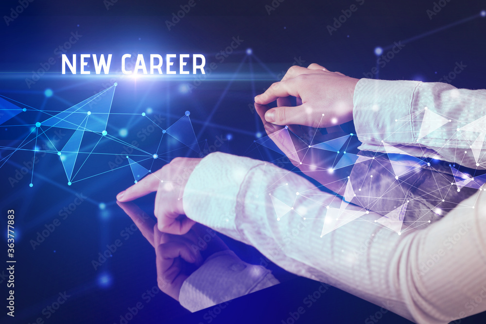 Businessman touching huge screen with NEW CAREER inscription, modern technology business concept Businessman touching huge screen with NEW CAREER inscription, modern technology business concept