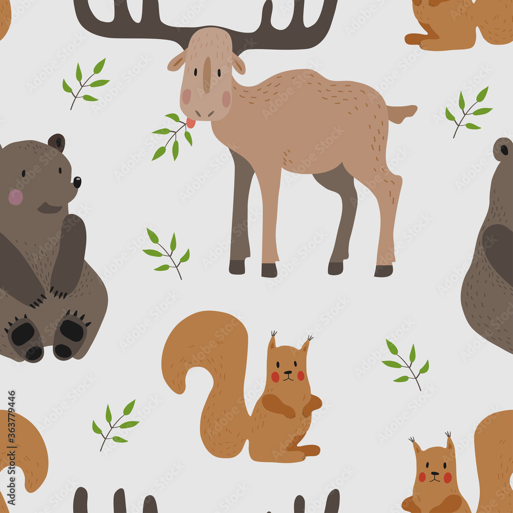 Fototapeta premium Seamless vector pattern with brown bear, squirrel and moose on a light background. 