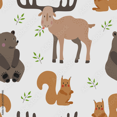 Seamless vector pattern with brown bear, squirrel and moose on a light background. 
