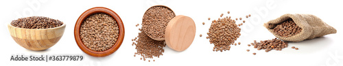 Raw lentils on white background photo