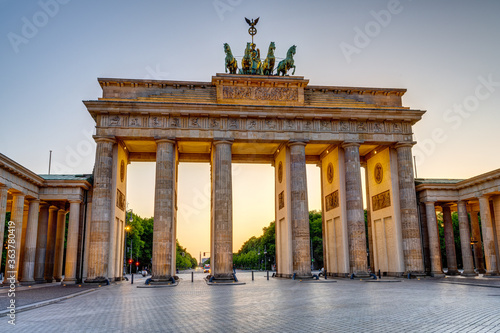 The historic Brandenburg Gate in Berlin at sunset with no people