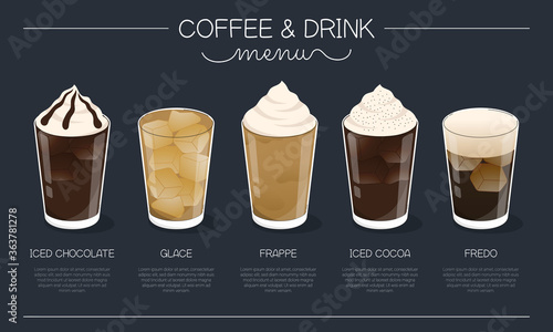 Coffee and drink menu vector illustration with different ice coffee and drink types on navy blue background