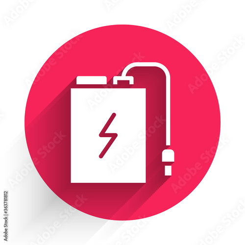 White Power bank with different charge cable icon isolated with long shadow. Portable charging device. Red circle button. Vector Illustration.