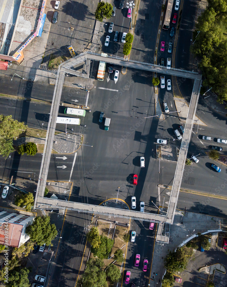 Aerial photograph of a square bridge in Zacatenco in Mexico City.
