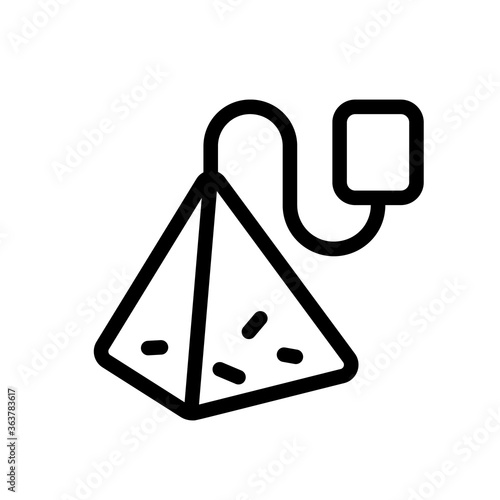 Pyramid tea bag icon. Thick line art logo. Black simple illustration of triangular transparent packaging with tea leaves, rope with tag. Contour isolated vector image on white background