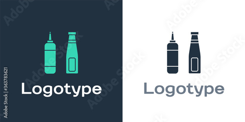 Logotype Sauce bottle icon isolated on white background. Ketchup, mustard and mayonnaise bottles with sauce for fast food. Logo design template element. Vector Illustration.