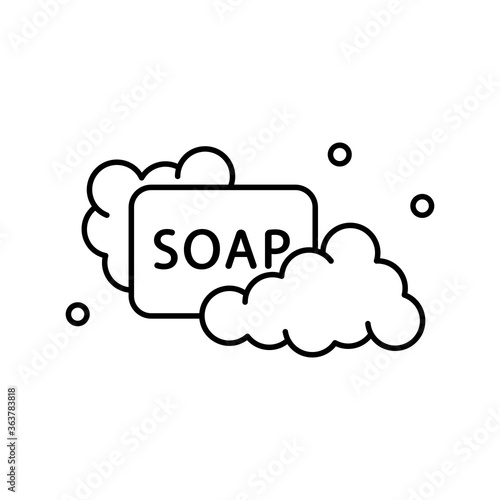 Soap with text in foam with bubbles. Emblem for importance of hand washing. Lather linear icon. Black illustration of cleanser and personal hygiene product. Contour isolated vector on white background