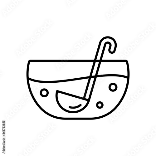 Punch in clear glass bowl with bubbles and spoon. Line art icon of alcoholic cocktail with juice. Fruit drink in transparent round dish. Contour isolated vector illustration on white background