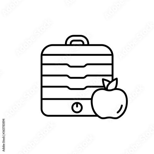 Fruit dryer with lid. Home appliances for preparing food for future use. Linear illustration of table dehydrator with apple. Contour isolated vector pictogram on white background