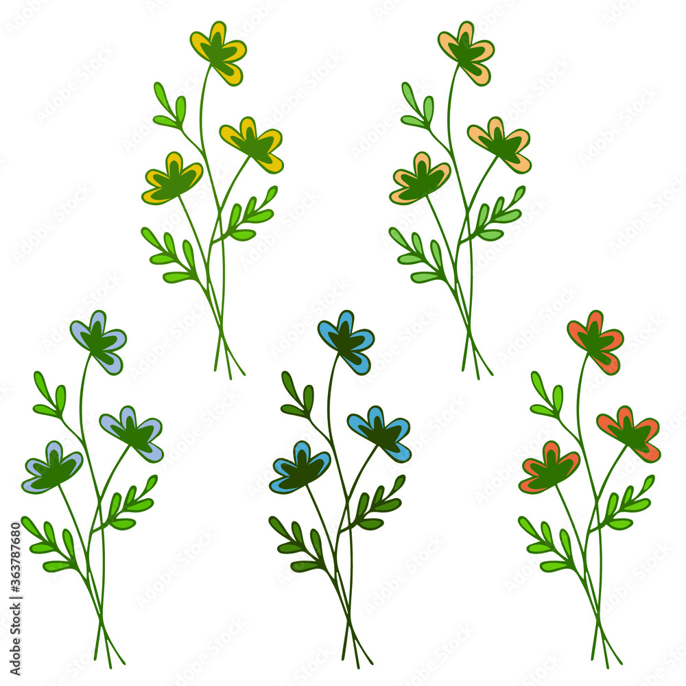 Botanical branches. Set. Five branches. Vector