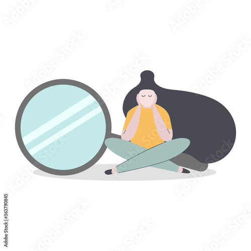 Nothing was found for your search, page not found 404 error, use website concept. Girl sits upset with a large magnifying glass behind her. Flat illustration.
