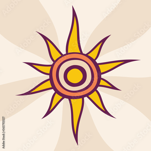 Illustration of the sun, abstract creative sun design. Summer Sun background. Sunburst icon sign symbol. Hand drawn style. Flat design. Vector color illustration.