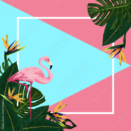 Tropical leaves, flamingos and tropical flower Strelitzia Royale on a graphic background. Modern summer design for a card, banner or invitation. Vector illustration for design and web.