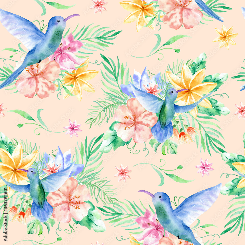 Floral seamless tropical pattern, summer background with exotic flowers, palm leaves, jungle leaf, orchid flower and hummingbird. Vintage botanical wallpaper, illustration in Hawaiian style.